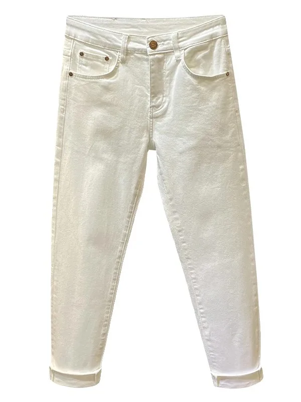 

Высококачественные белые мужские джинсы, летние тонкие облегающие повседневные эластичные брюки из девяти предметов, дышащие эластичные джинсы со средней талией