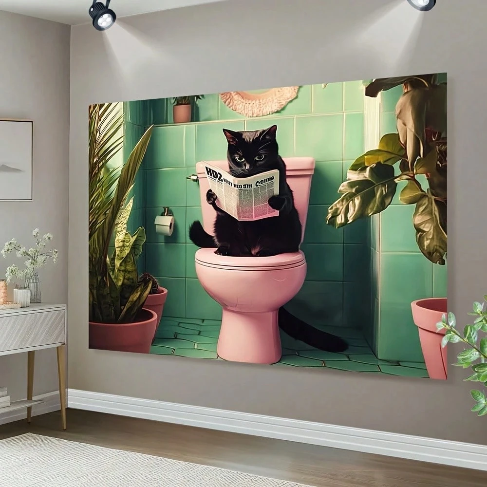 1PC Fun Cat Polyester Woven Wall Tapestry Creative Cats Reading In Toilet Pattern Design Winter Season Home Interior Decoration