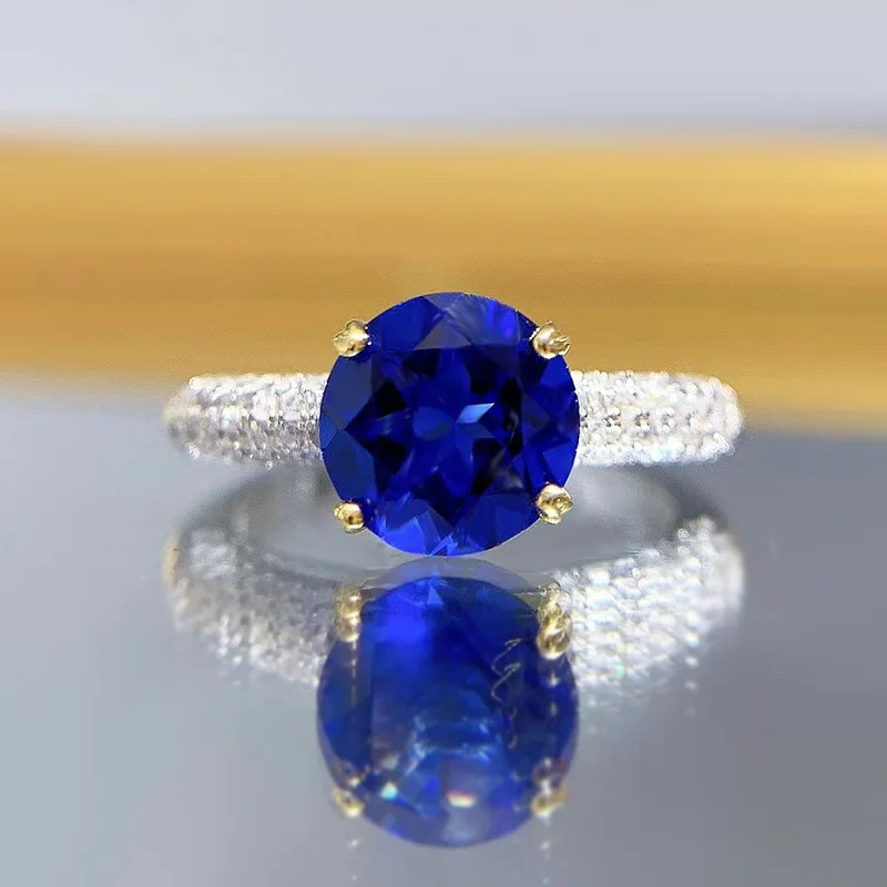 S925 Silver Ring One Carat Sea Blue Treasure Ring Luxury Surrounding Ring