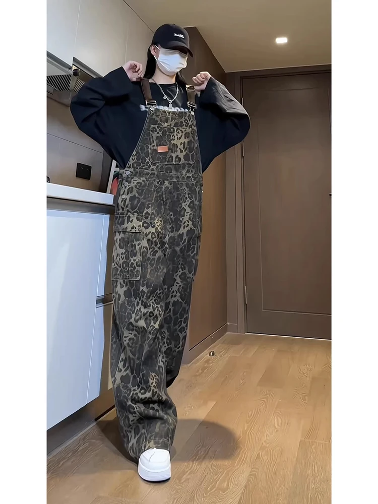American Hiphop Workwear Strap Jeans Trendy Street Leopard Print Men's Wide Leg Long Pants Youthful Style Spring Season