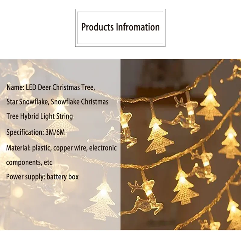 3/6M 2024 Christmas Snow Star LED Light String Decoration Elk Deer Christmas Tree Decor New Year House Yard Outdoor Battery Lamp