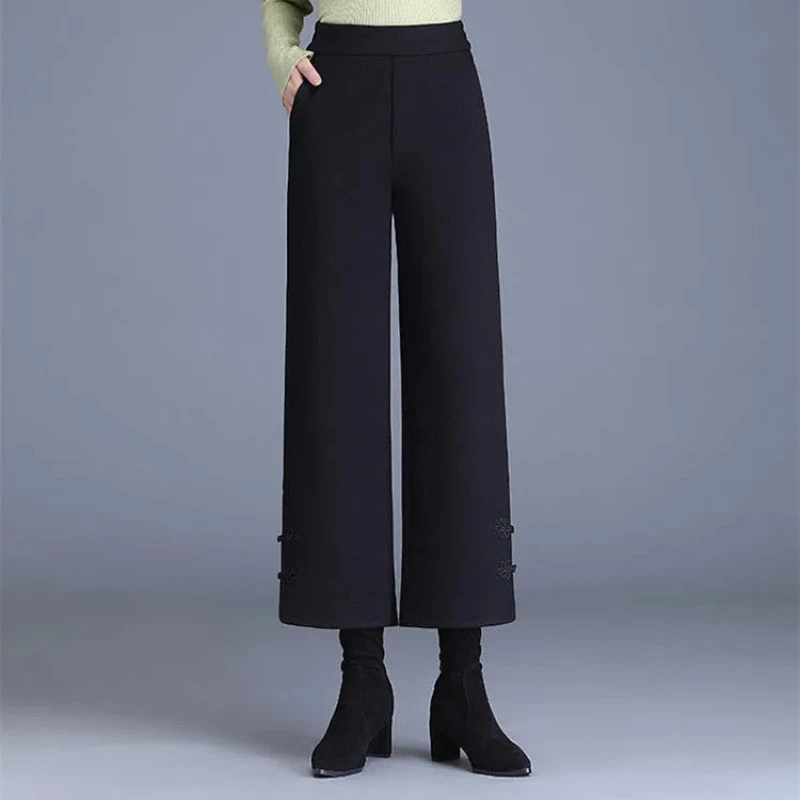 Vintage Fashion Autumn Winter Woolen Pants Women Solid Elastic High Waist Pockets Frog Straight Wide Leg Ankle Length Trousers