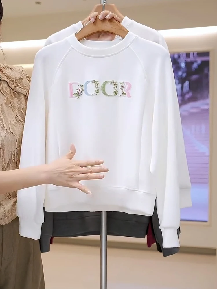 

Белый круглый свитшот для женщин, повседневная свободная футболка для ношения под одеждой, модная осенне-зимняя удобная футболка из смесового хлопка