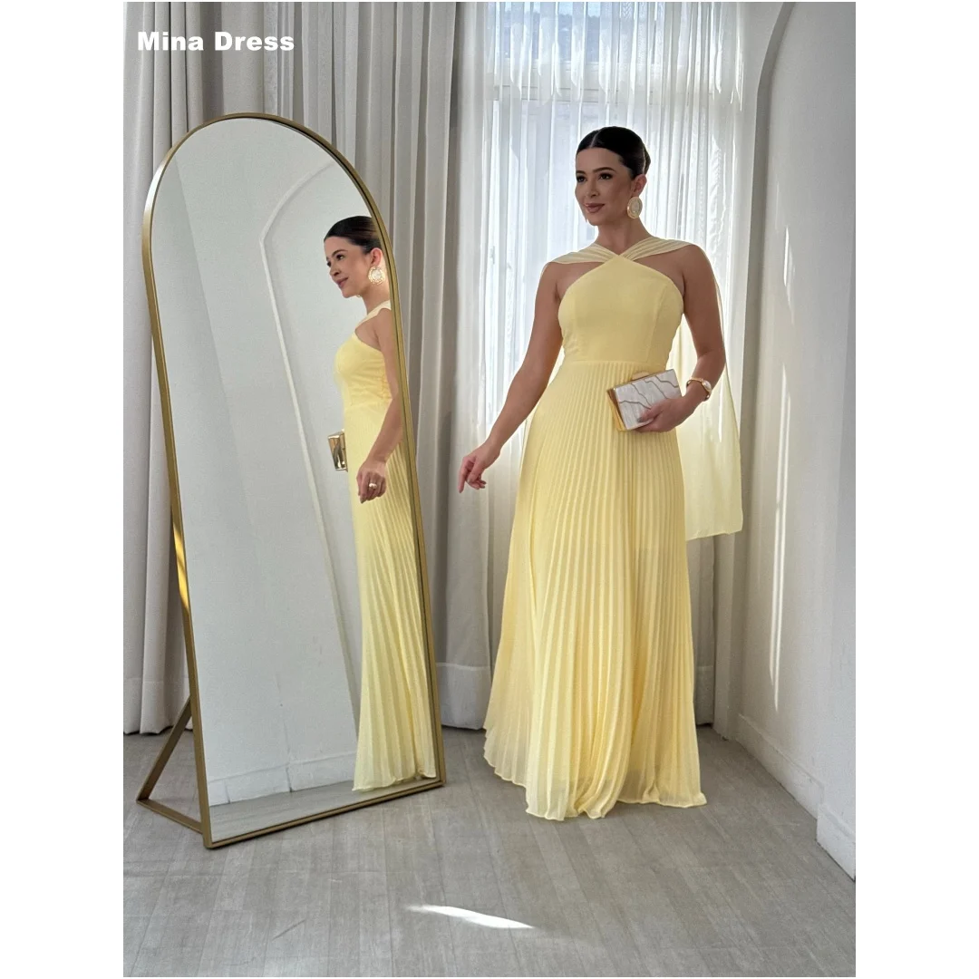 

Mina Customized Yellow Elegant Party Dresses for Special Occasions Pleated Sleeveless and Backless Formal & Evening Gowns Dress
