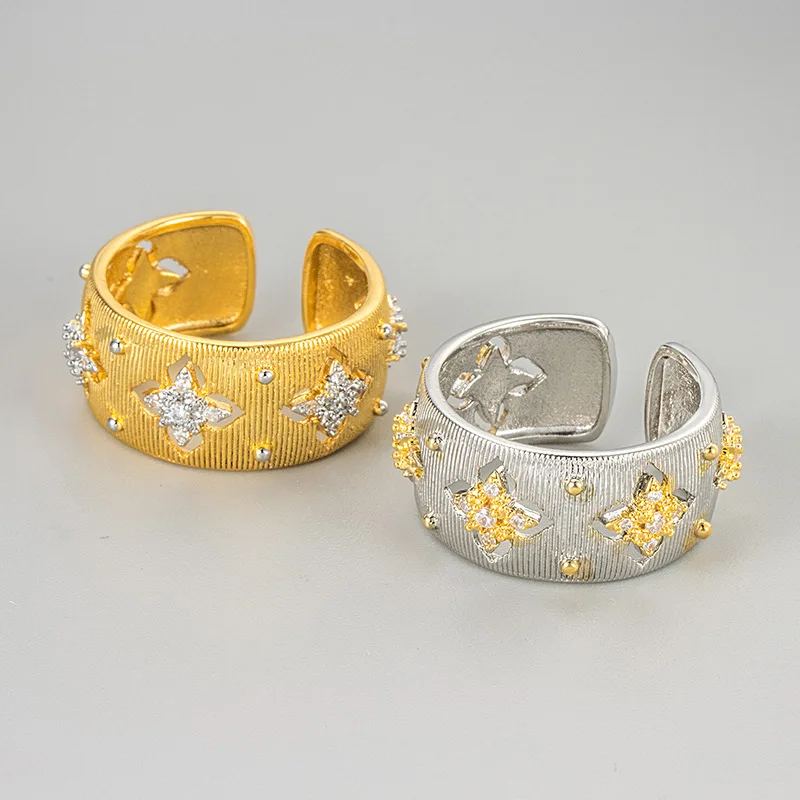 Light Luxury Zircon Cut-out Flower Wide Ring Copper Jewelry Woman Vintage Party Accessory Couple Friend Birthday Creative Gift