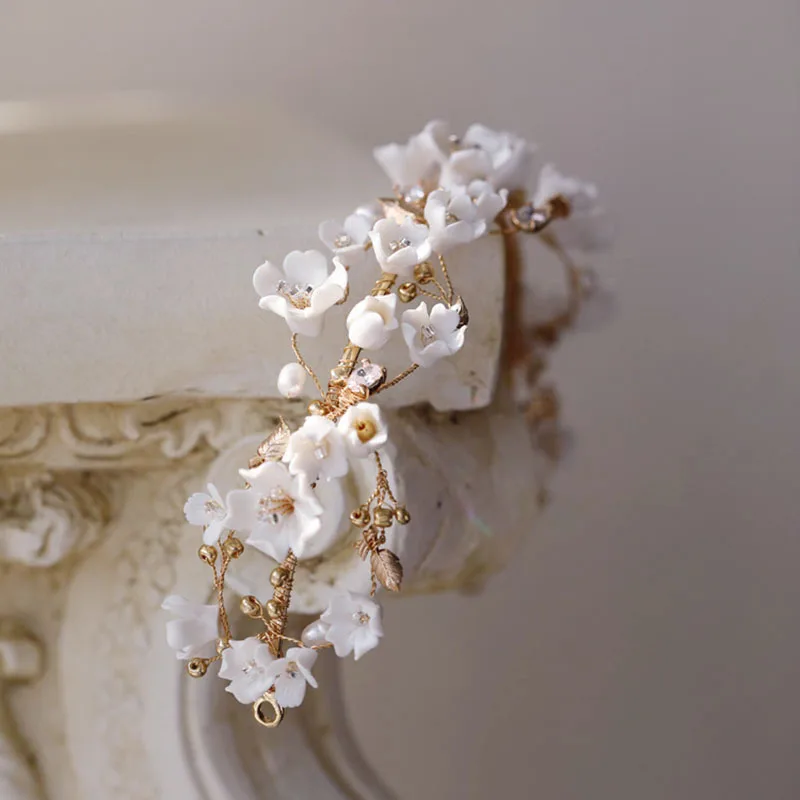 Ins Style Bridal Crown Ceramic Floral Wedding Hair Tiara Freshwater Pearls Jewelry Handmade Gold Color Women Hairband