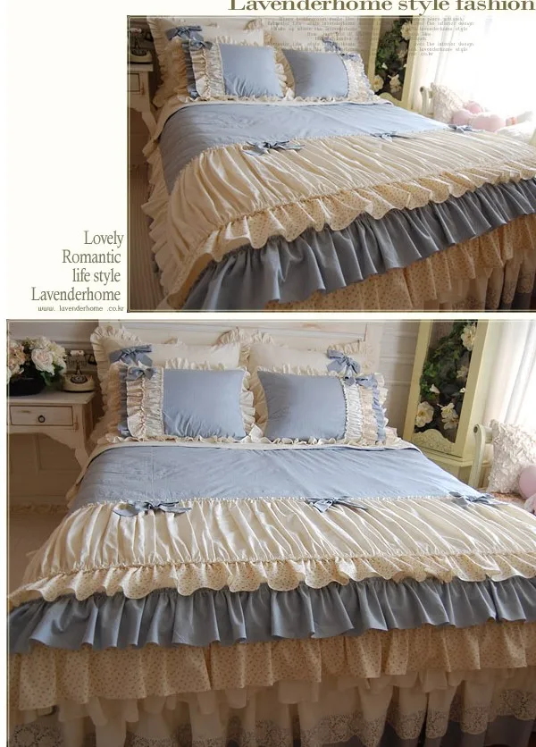 Imagem -03 - Conjunto de Cama de Algodão Egípcio Xadrez Camadas de Bolo Renda Pliado Bowknot Capa de Edredão Saia de Cama Linhos Fronhas Azul Luxo High End