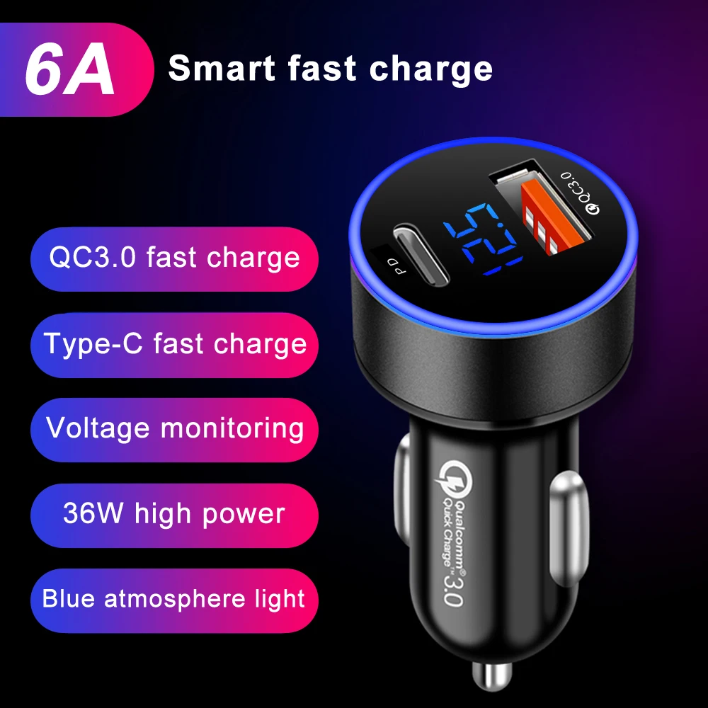 Auto-Ladegerät mit Schnellladefunktion, LCD-Display, PD, QC3.0, QC, SCP, 6A, Typ-C, 36W, schnelles USB-Ladegerät für iPhone, Xiaomi, Samsung, Huawei