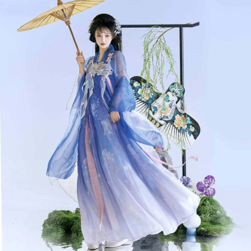 

Traditional Women Tang Dynasty Embroidery Floral Hanfu Dress Ancient Chinese Style Stage Costume Dance Embroidery Princess Sets