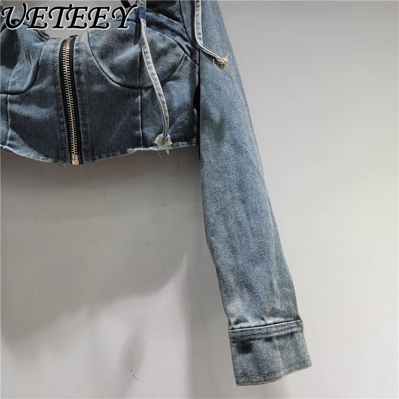 Nowa kolekcja wiosna-lato 2026: Niszowe, designerskie, dżinsowe bluzki z odkrytymi ramionami, krótkie topy, seksowne, sznurowane, dopasowane kurtki eksponujące pępek.