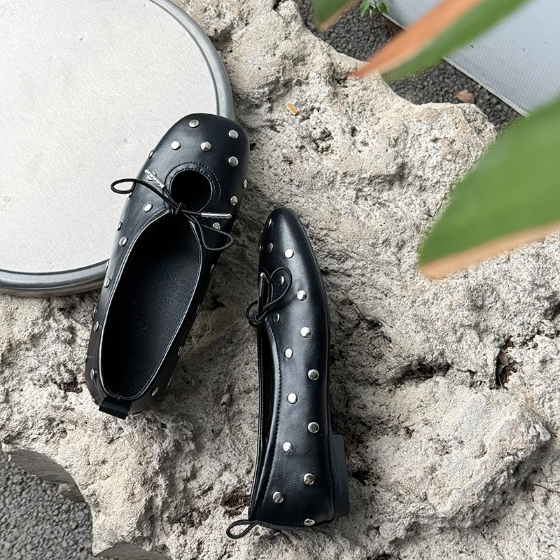 Retro Schwarze Nieten-Schleifen-Ballettschuhe für Damen, Einfarbige Flache Mary Jane Schuhe mit Flachem Absatz – Detail 10