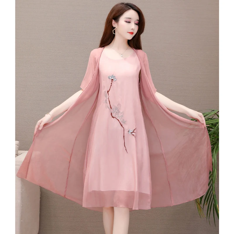 2PCS/Set Dress Sets Vintage Embroiderd Women Chiffon Dress With Cardigan Casual Women Elegant 2023 Summer Long Dress Suit 4XL