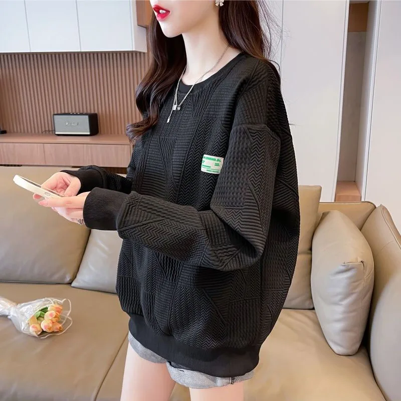 New Spring and Autumn Fashion Korean Edition Solid Waffle Round Neck Loose Versatile Simple Slim Women\'s Long Sleeve Sweater