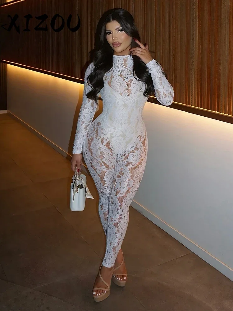 

XIZOU сексуальный жаккардовый комбинезон женский прозрачный кокетка обтягивающая клубная одежда эластичный комбинезон для тренировок полуночный хипстерский комбинезон