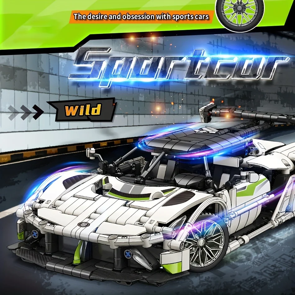 

White sports car model compatible with small particle building blocks for assembly, racing car building toy, birthday gift