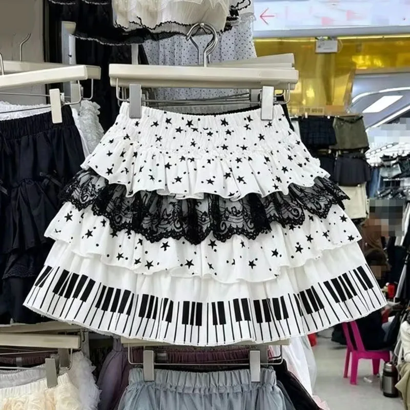 Japanese Vintage Star Piano Key Lace Patchwork Cake Skirt Women Harajuku Y2k Aesthetic A-line Mini Skirts Faldas Mujer