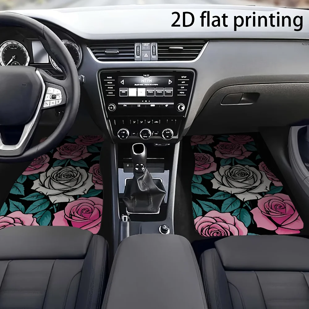 4pcs Car Floor Mats, Rose Bush Black Background Pattern, Universal Fit Material Easy To Clean Washable All-Season Use For Front