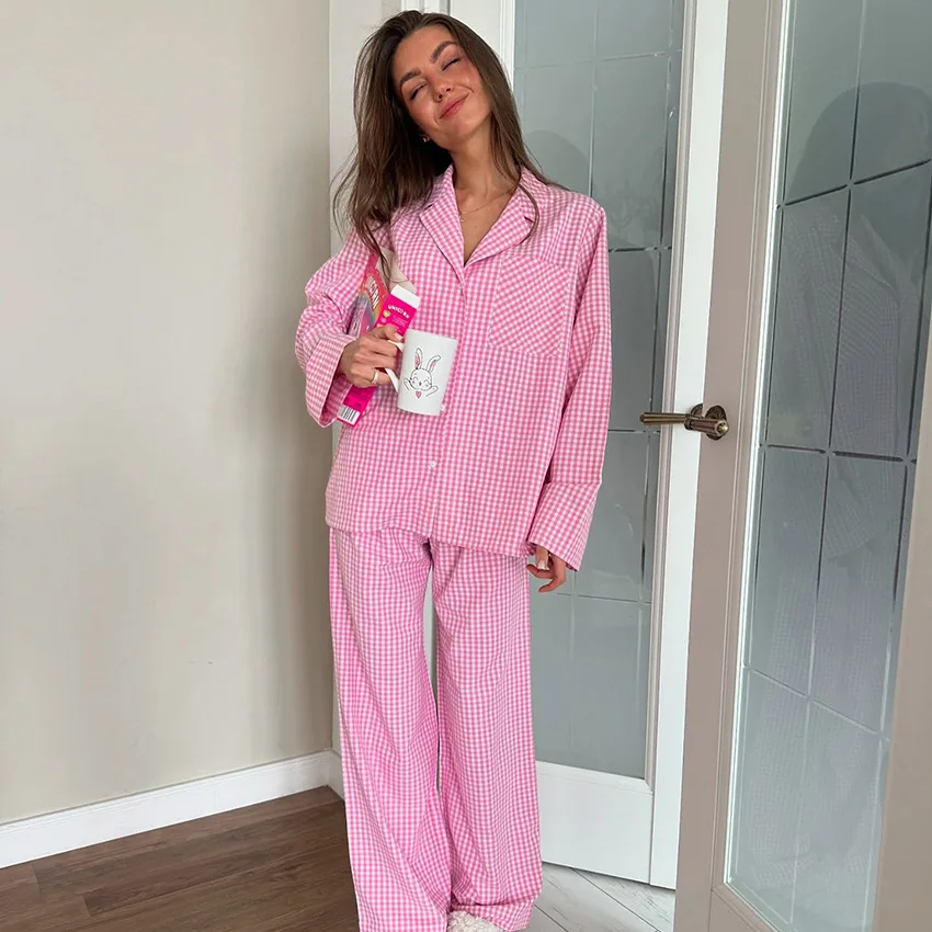 

Fashion Loose Plaid Print 2 Piece Set Women 2026 Elegant Long Sleeve Shirt With High Waist Wide Pants Set Female Clothing