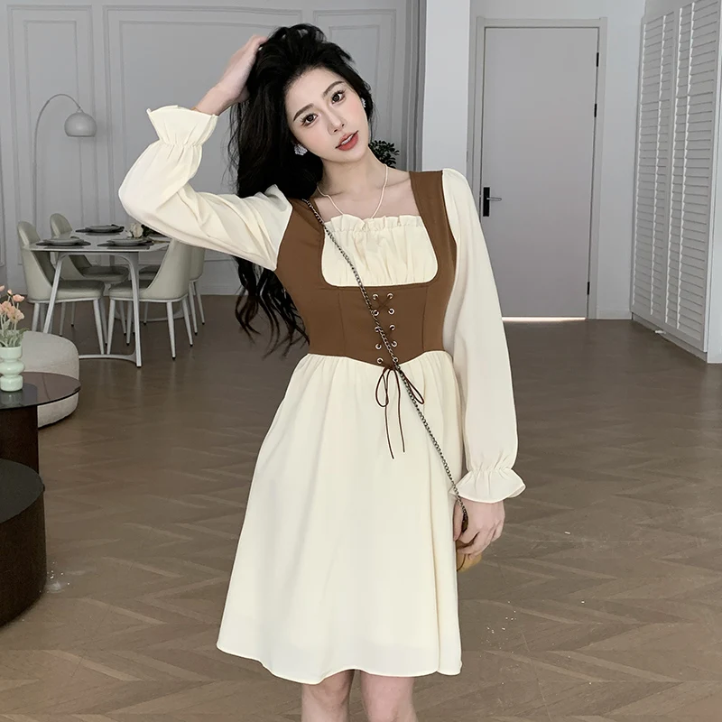 Summer New Small Fragrant Wind Fake Two Piece Dress Women\'s Spring Waist Waist Slimming A-line Skirt Long sleeved Short Skirt