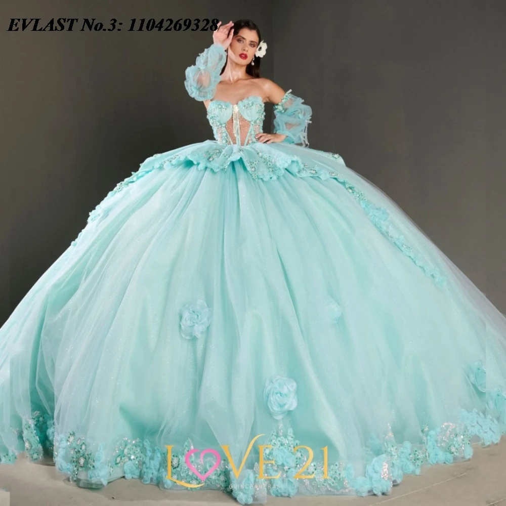 

EVLAST индивидуальное платье принцессы Шалфей Quinceanera, бальное платье с цветочной аппликацией, корсет с бисером, Sweet 16, Vestidos De 15 Anos E3Q757
