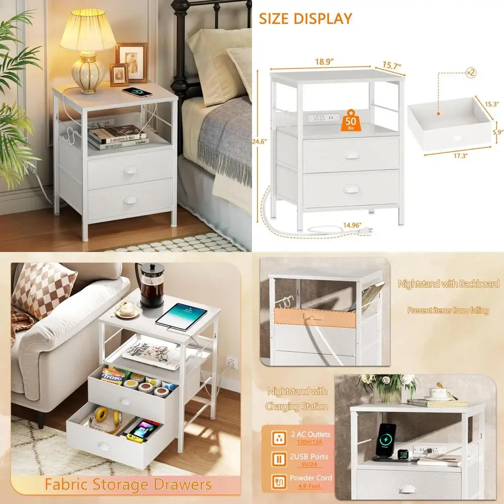 

Charging Nightstand, Fabric Drawer Bedside Table, USB & Outlet End Table, Storage Shelf & Hooks Nightstand, White for Living/Bed