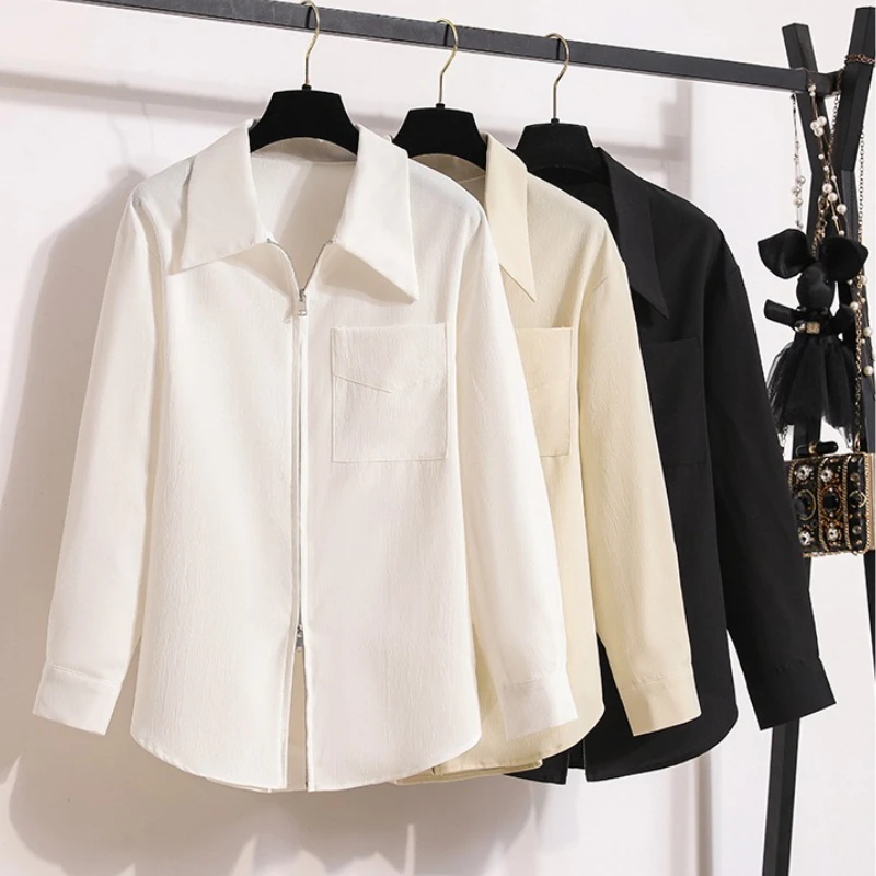 

Zipper Plus Size Shirt 2025 Spring Autumn New Korean Loose Temperament Casual White Long-Sleeved Blouse Woman Clothing