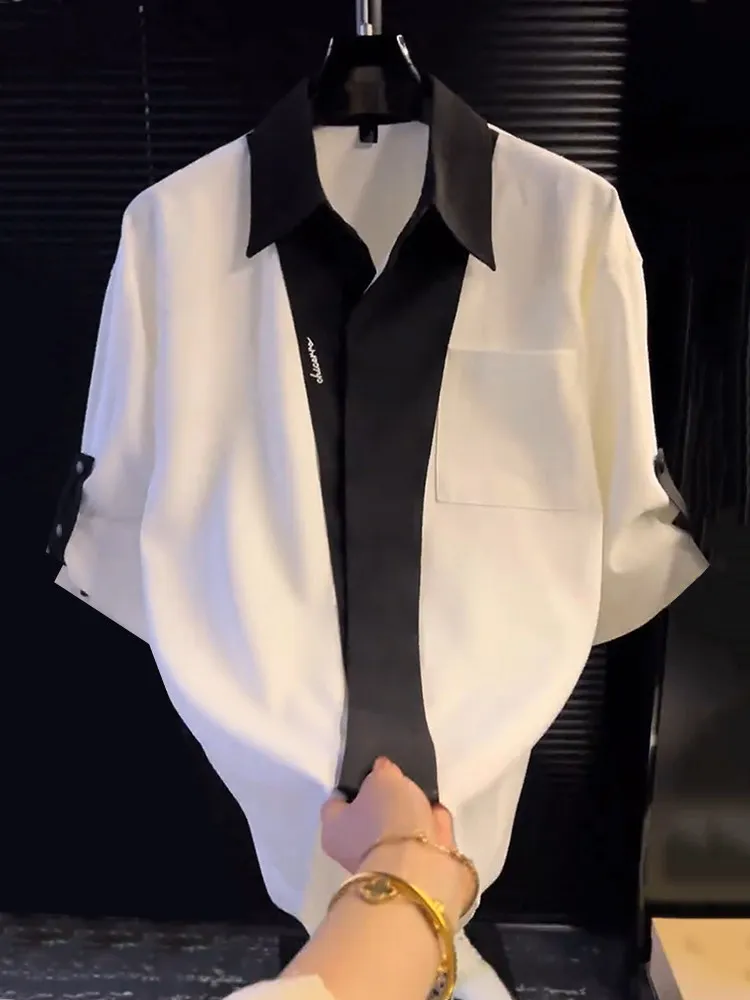large size trendy brand men's high-end sense handsome fashionable shirt contrasting color splicing letter embroidery shirt