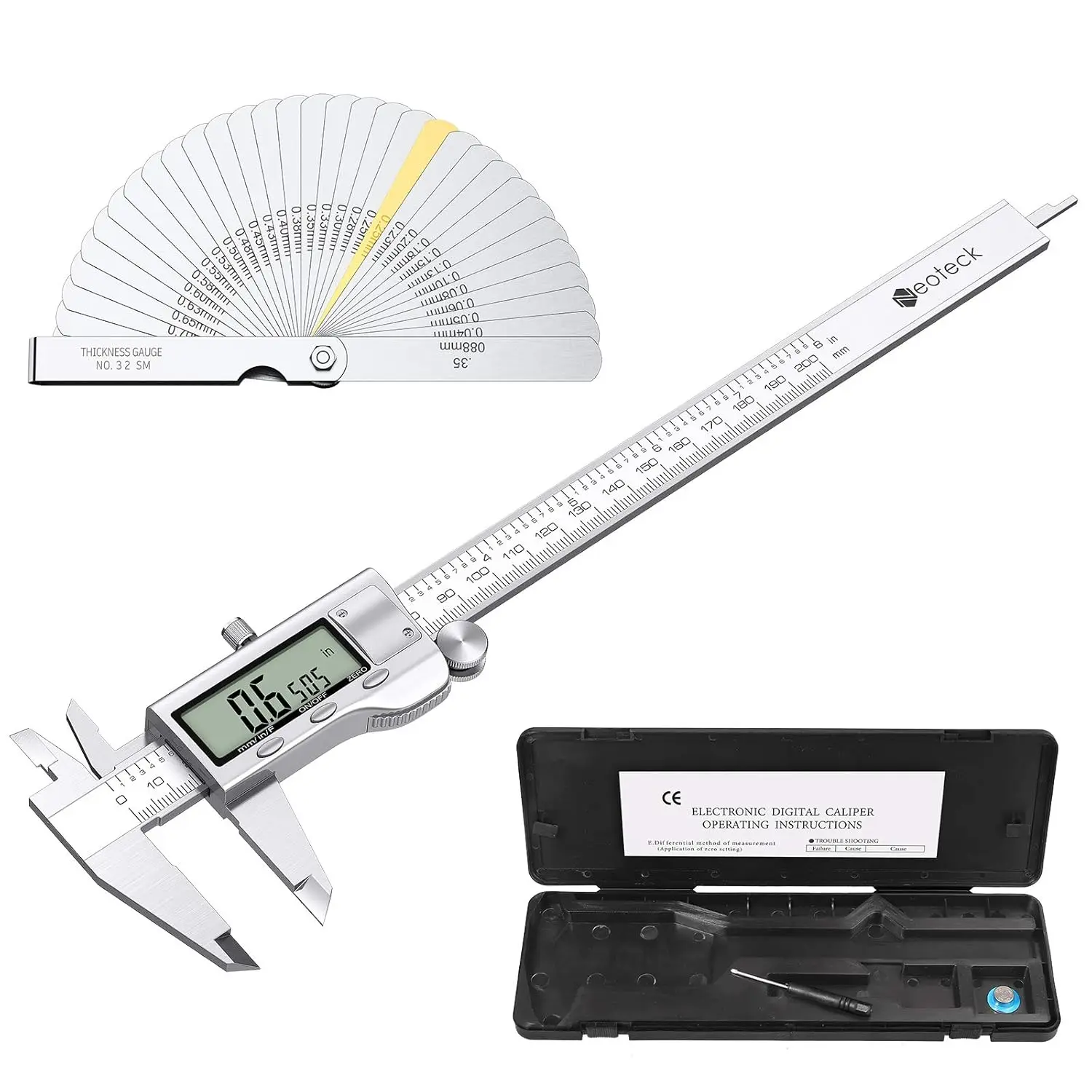 8 inch Digital Caliper and Feeler Gauge Set Tool LCD Display Digital Caliper Measuring Tool with Fraction/Inch/MM Conversion