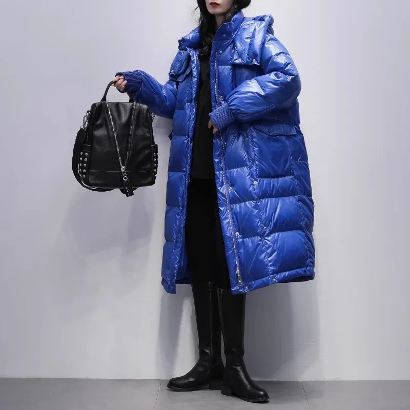 2025 Winter New Korean Edition Blue Glossy Hooded Down Coat Women's White Duck Down Thick Jackets Women Warm Parker Overcoat