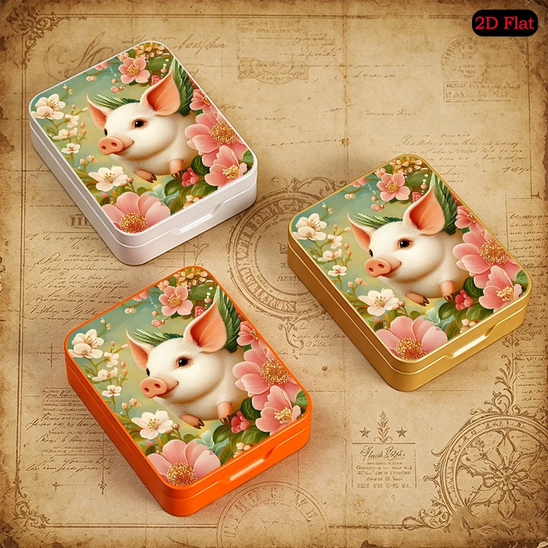 Winged Pig Theme UV Printed Flip Top Tin Box, Custom Text & Custom Pattern Supported, Durable Tinplate Box, Desktop Organizer