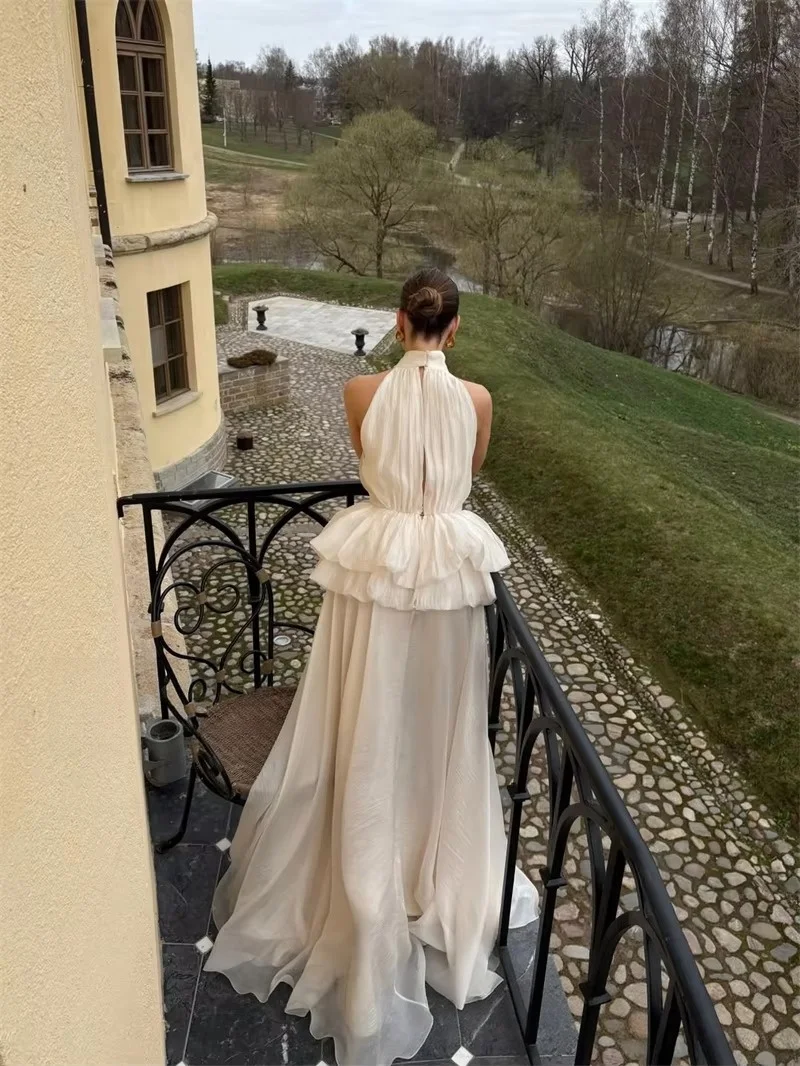Women Halter Neck Dresses Sleeveless Backless Ruffled Peplum Waist A Line Floor Length Formal Wedding Party Evening Dresses