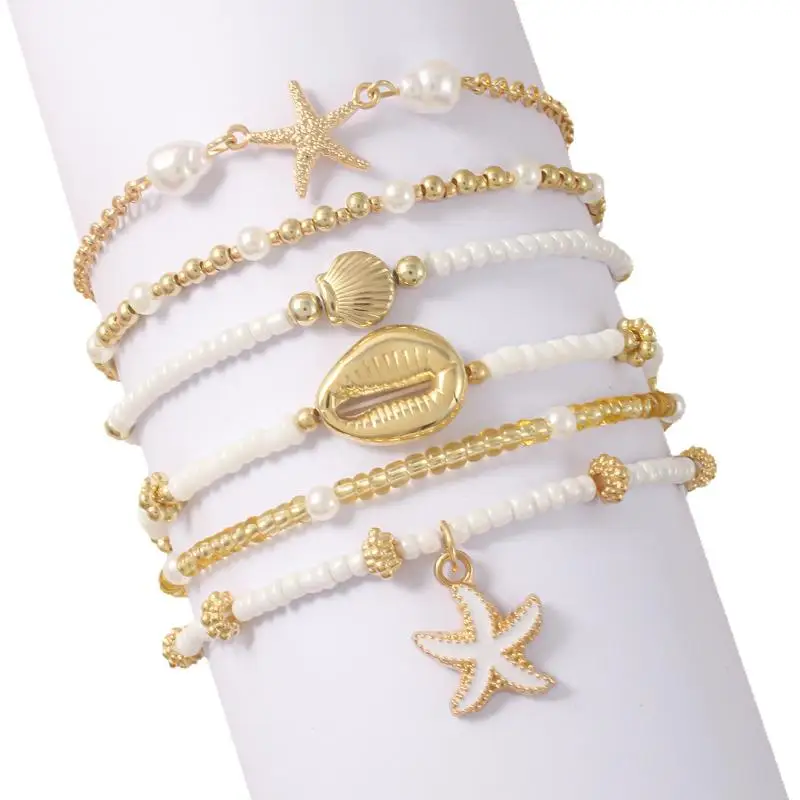 6PCS Bohemian Shell Starfish Bead Bracelet Set For Women Fashion Summer Beach Multilayer Stacked Pearl Bracelets Party Jewelry