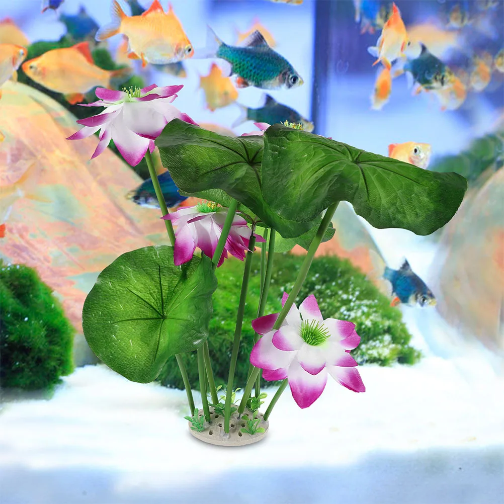 2 pezzi di piante artificiali per acquario, fiori di loto in plastica ad alto realistico, decorazioni realistiche per acquario, steli verdi, foglie per acquario