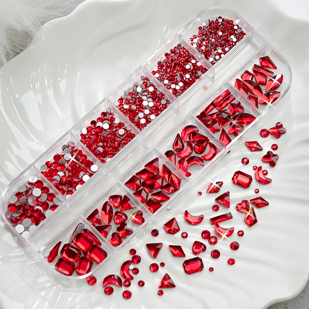 12grid Sexy Red Crystal Nail Art Rhinestones 3D Sparkly Flatback Glass Diamond&Mixed Size Round Gems Nail Jewelry Nail Diamonds