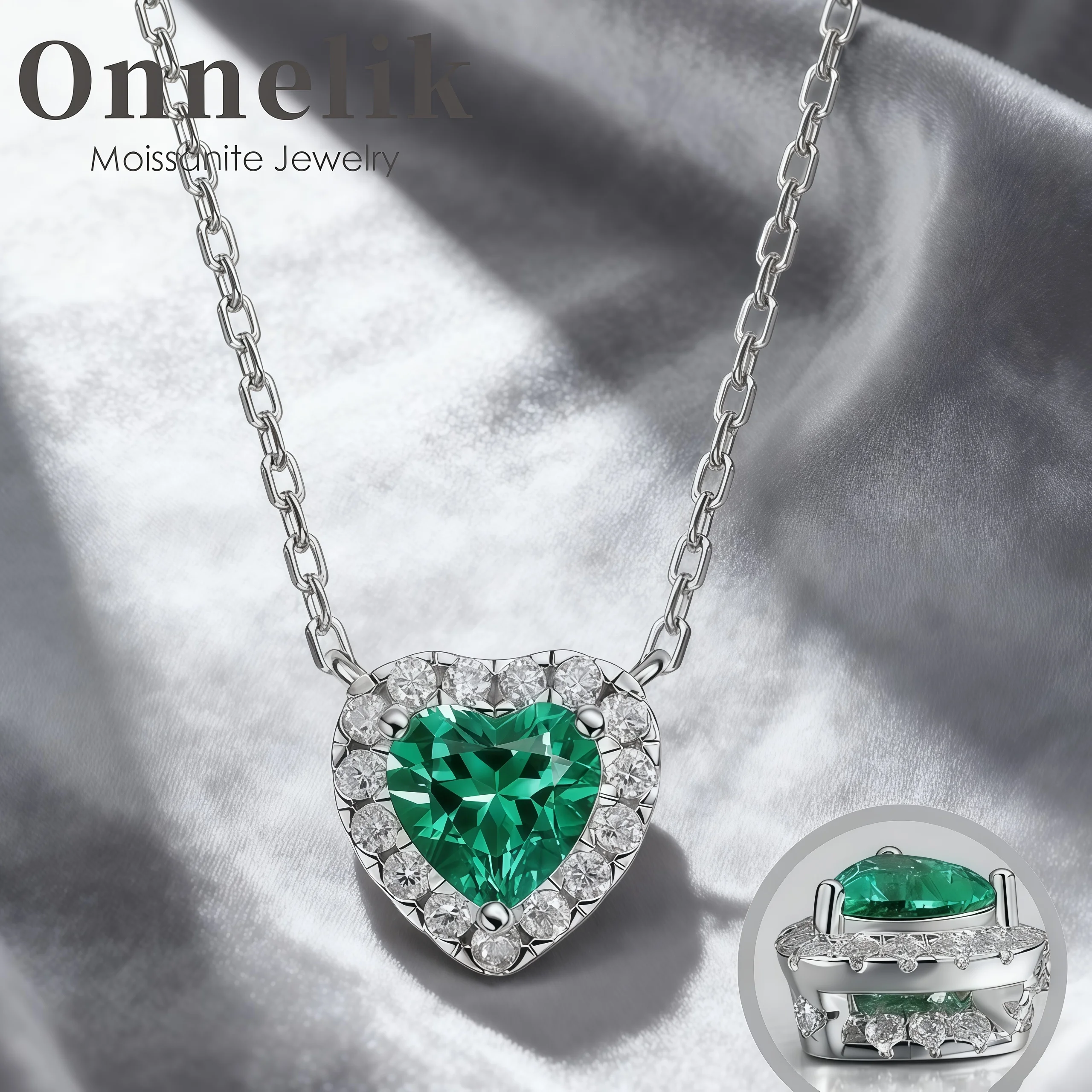 

Onnelik 1CT сердце настоящий выращенный в лаборатории колумбийский изумруд с муассанитом 1 мм ожерелье для женщин стерлингового серебра 925 пробы свадебные украшения