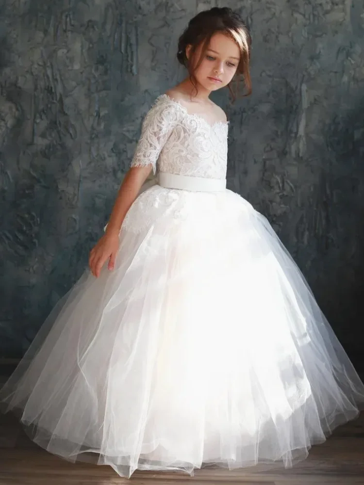 

White Tulle Lace Appliques Top With Big Bow Half Sleeve For Wedding Birthday Banquet First Communion Gowns Flower Girl Dress