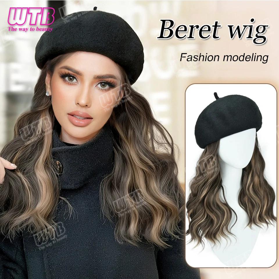 WTB Synthetic Wigs Hats Long Curly Hair Beret Wigs Women's Autumn and Winter Temperament Octagonal Wig Daily Heat-resistant Hair