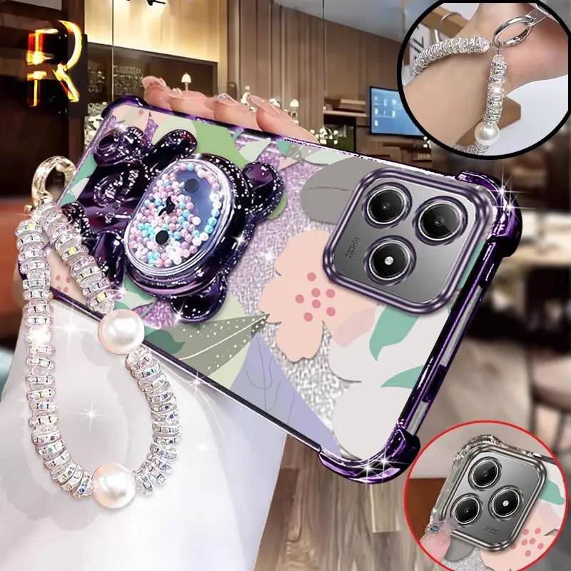 

C63 Pink flowers Plating Bracelet Holder Phone Case For Realme C75 C63 C53 C33 C51 C61 C55 C51S C35 Narzo N63 N55 Note 50 Cover