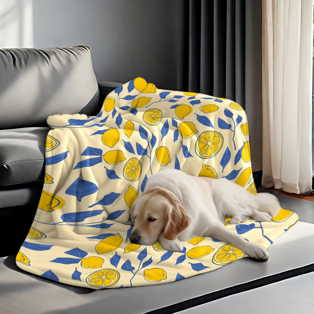 Cream Yellow Lemons Blue Lightweight Flannel Blanket Breathable Cozy Throw Blanket for Spring Summer Sofa Bed Air Conditioning
