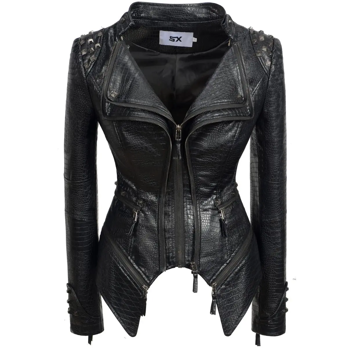 Neue Herbst Frauen Pu Faux Leder Jacke Nieten Motorrad Biker Mantel Serpentine Revers Niet Schlank Streetwear Schwarz Punk Oberbekleidung