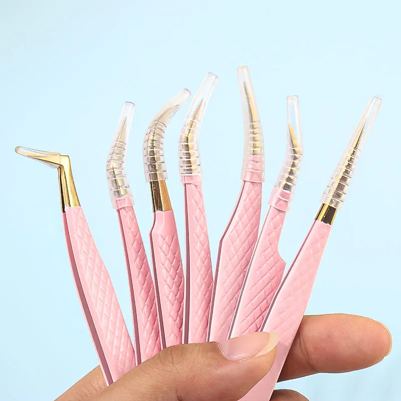 1pcs Stainless Steel Eyelash Extension Tweezers Eyebrow Clip High Precision Grafting Lash Curler Pink Blue Gradient Color Clips