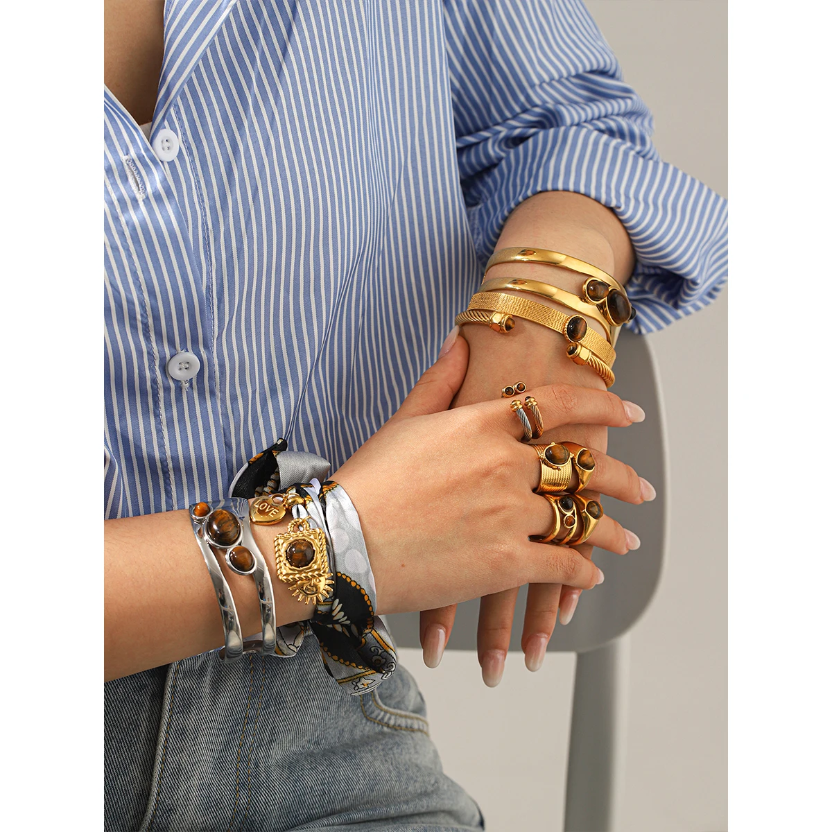 

18K Gold Plated 316L Stainless Steel Natural Tiger Eye Stone Bracelet And Scarf Jewelry Set Personality Women's Gift