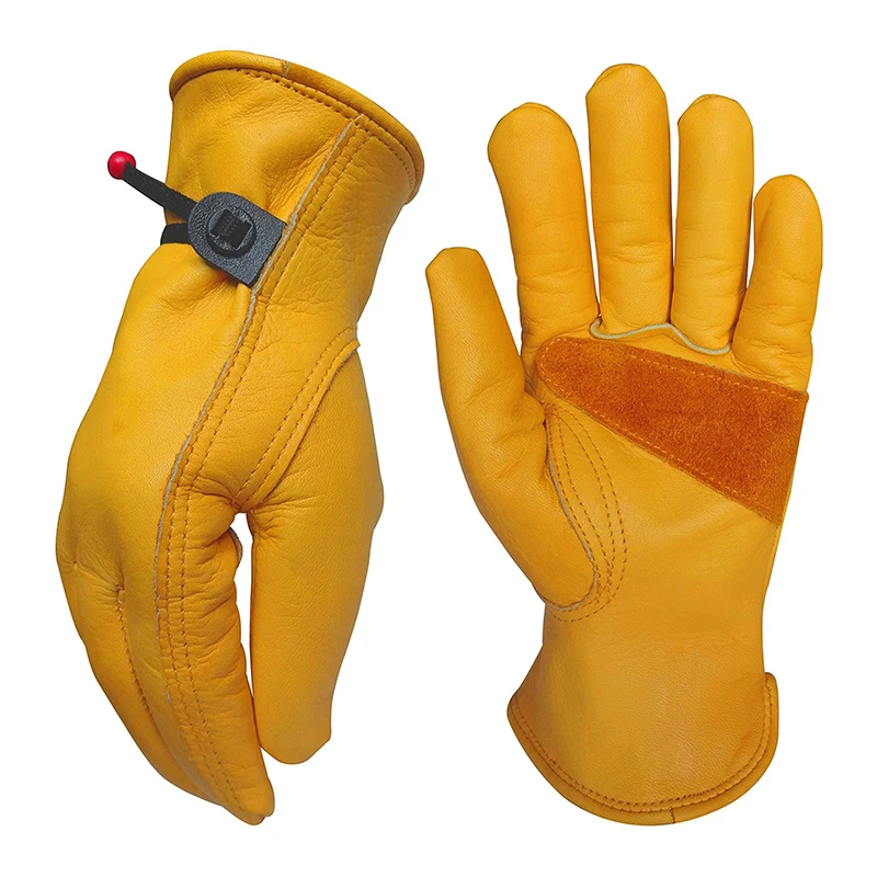 Guantes de cuero de vaca para hombres, guantes de jardinería de cuero de vaca con palma reforzada, muñeca estirable, guante de trabajo resistente