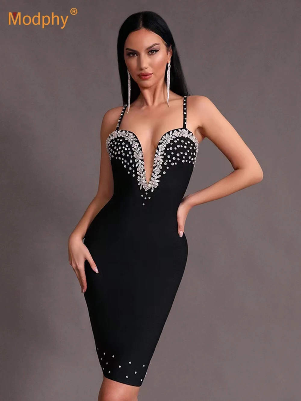 

Modphy Ladies Sparkling Luxury Diamond Spaghetti Strap Backless Design Cocktail Party Sleeveless Sexy Mini Bandage Dress 2024