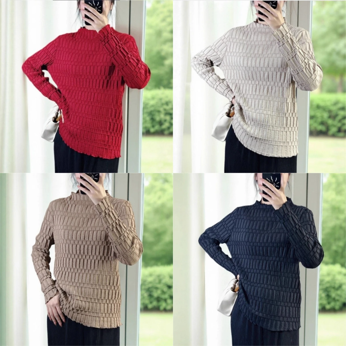 

Miyake Pleated 2025 Autumn Long-sleeved T-shirt Loose Versatile Fashion Casual Single Wear Bottoming Solid-coloured Inner Tops