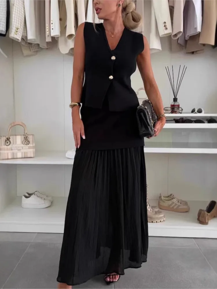 

Sleeveless Solid Color Dress Set Summer Temperament Slim Knitted Vest Top Tulle Stitching Pleated Long Skirt Two-piece Set