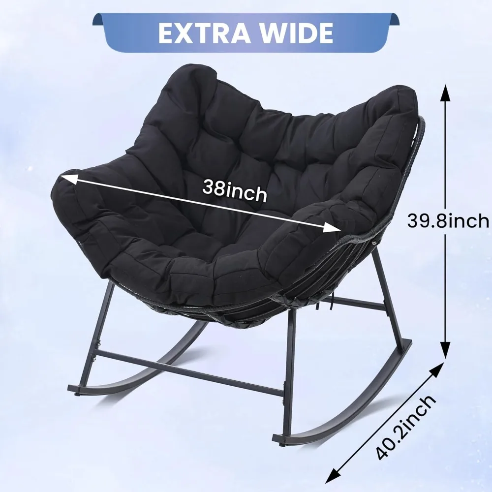 Large Rattan Rocking Papasan Chair, Indoor, Outdoor Rocker Chair, Wicker Rocker with Padded Cushion, Modern Egg Style