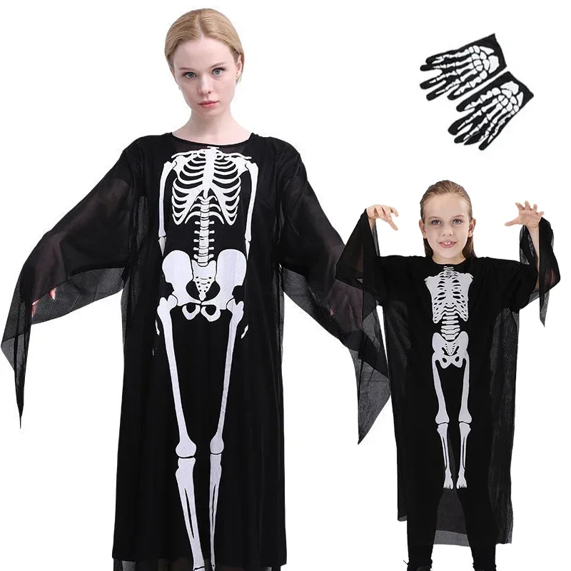 Halloween Adults Skull Skeleton Printed Masquerade Scary Cosplay Costumes with Gloves for Carnival Party Clothes for boys girls