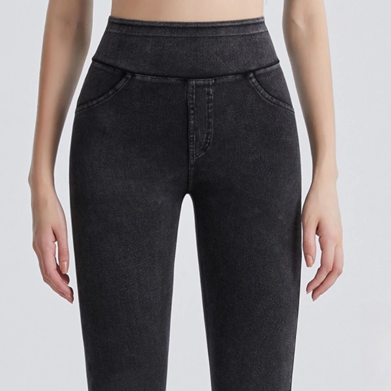 High Waist Butt Lifting Yoga Denim Pants Soft Stretch Tummy Control Joggers Pants Women Tight Gym Running Casual Jeans Leggings