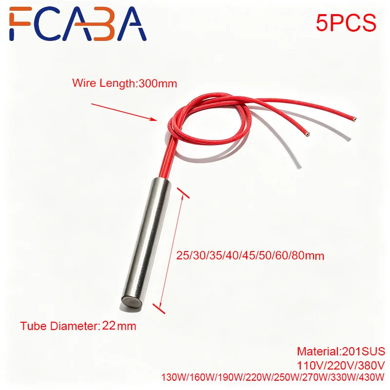 FCABA 201 Stainless Steel Electric Heating Tube 5PCS 22mm 25~80mm 110V/220V/380V  Injection Molding Heat Resistor Heating Rod
